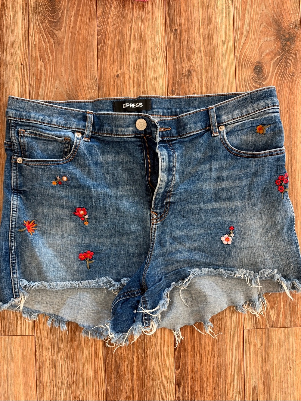 Express Blue Embroidered Denim Cutoff Shorts